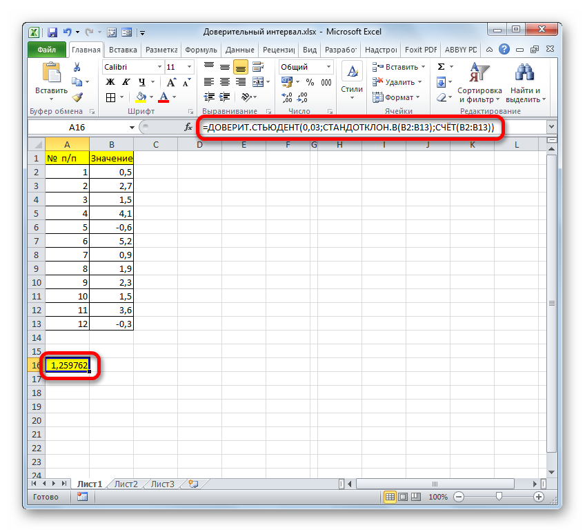 Результат вычисления функции ДОВЕРИТ.СТЬЮДЕНТ в Microsoft Excel